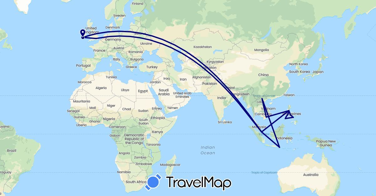 TravelMap itinerary: driving in United Kingdom, Indonesia, Ireland, Philippines, Singapore, Vietnam (Asia, Europe)
